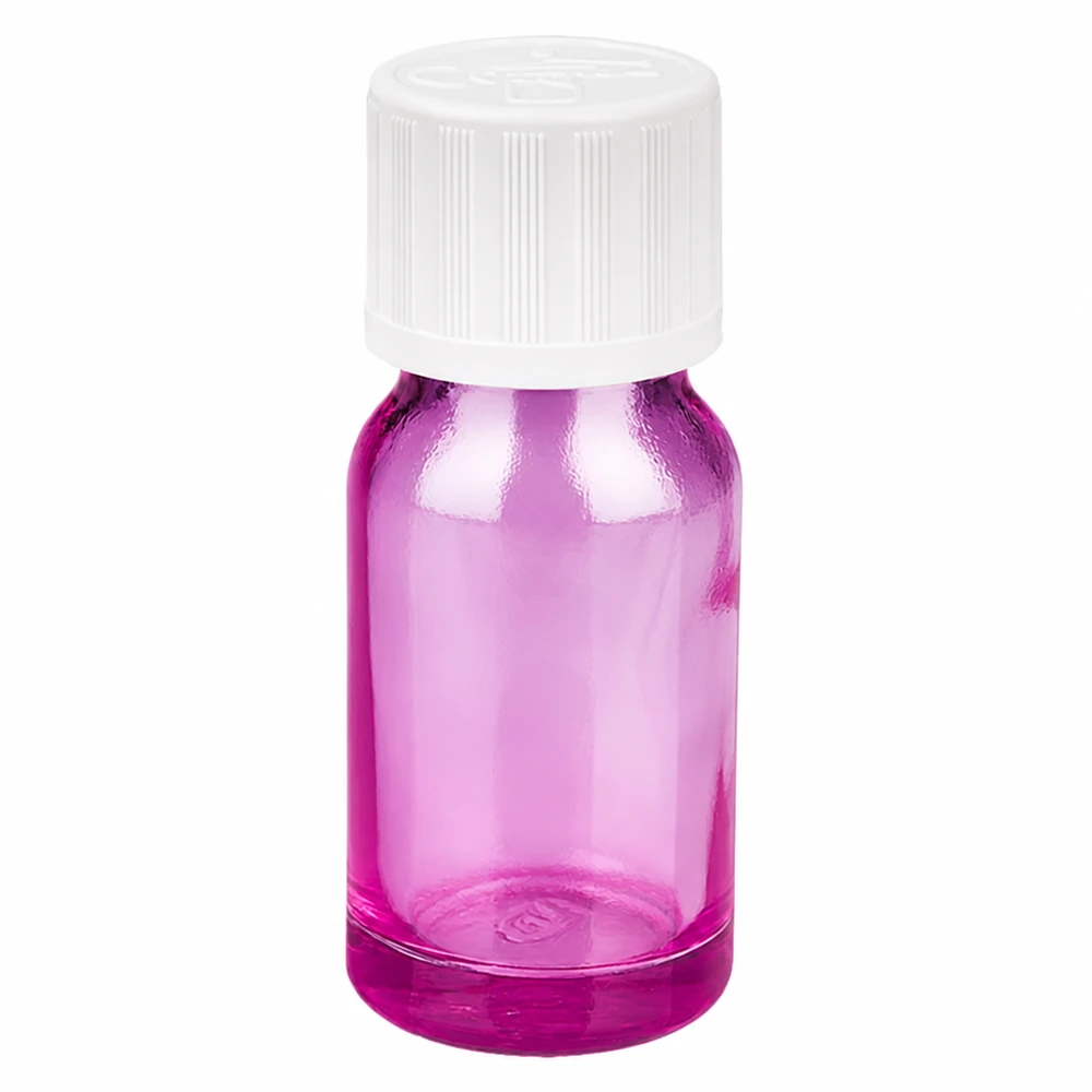 10 ml droppflaska, lila transparent med vitt skruvlock för exakt dosering