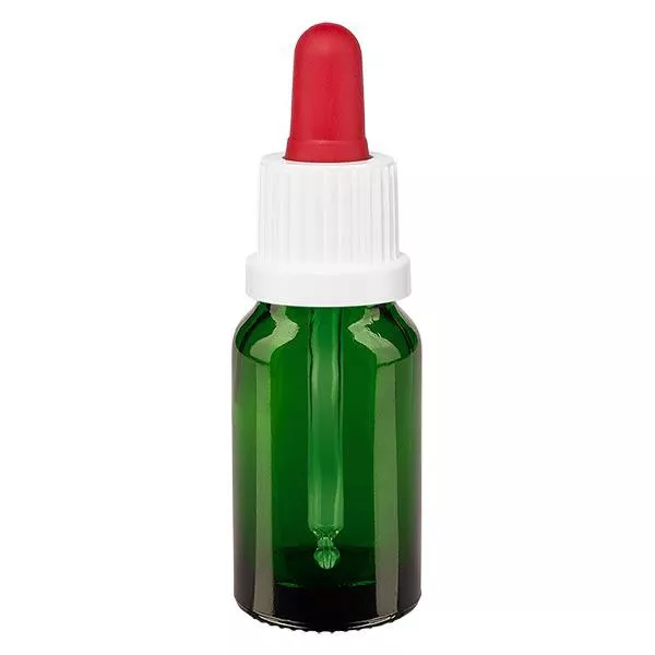 Apoteksflaska grön 10 ml pipett vit/röd med säkerhetsförslutning Apoteksflaska grön 10 ml pipett vit/röd med säkerhetsförslutning