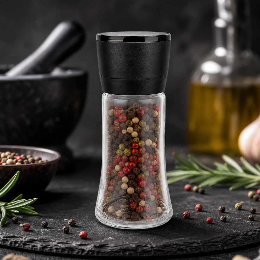 Pepparkvarn Vario 95 ml med en färgglad pepparblandning av röda, gröna och svarta pepparkorn i glasburk