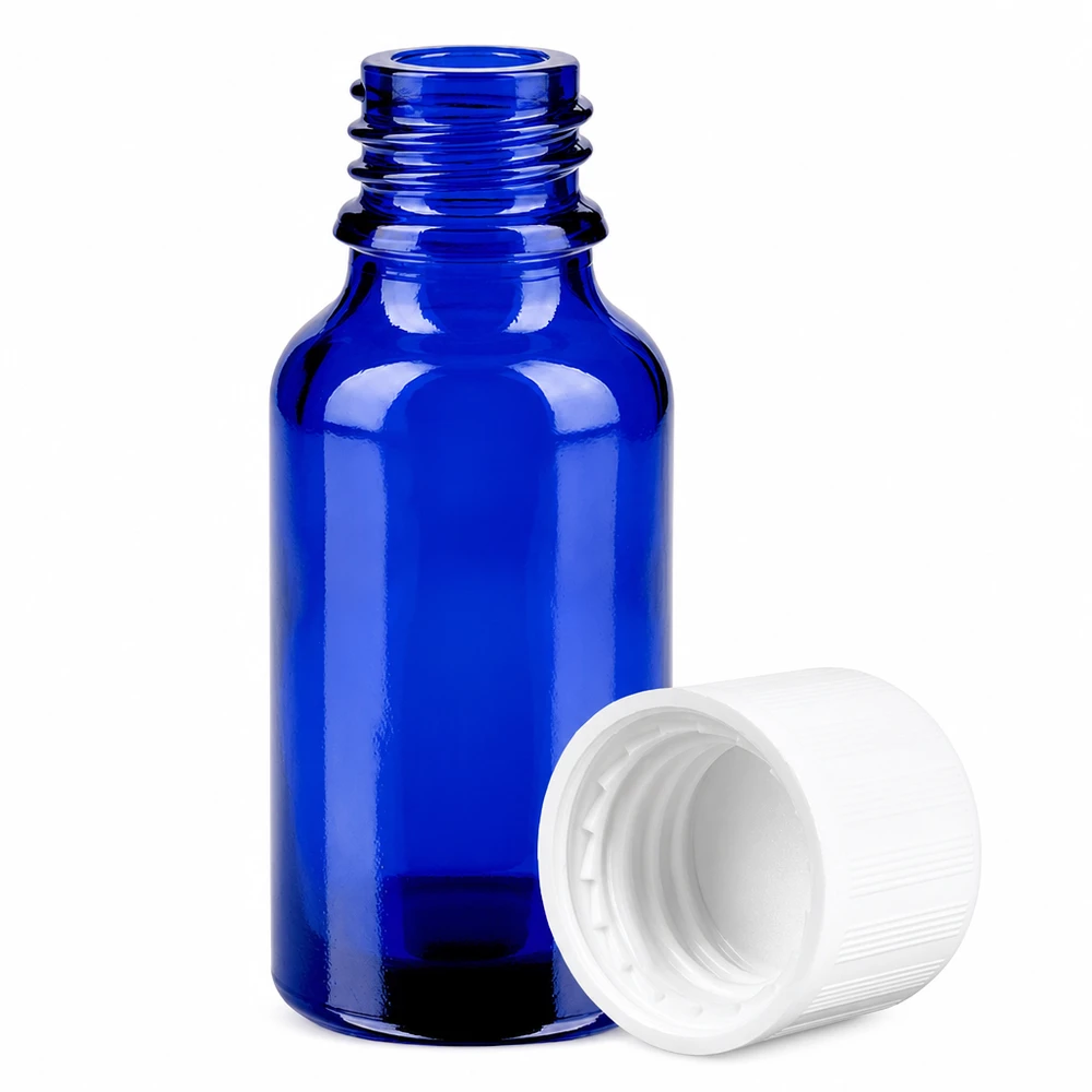 20ml flaska 11mm skruvkork vit standard förslutning BlueLine UT18/20 20 ml koboltblå glasflaska med 11 mm gänga och barnsäkert lock för apotek