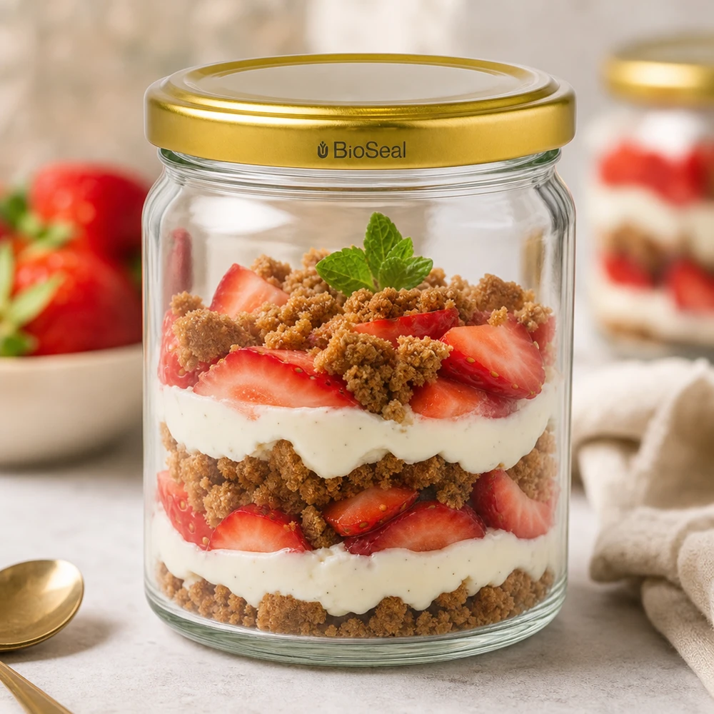 408 ml rund burk med UNiTWIST BioSeal-lock i guld UNiTWIST Runda408 dessertburk med gyllene TO82 BioSeal-lock för jordgubbstiramisu skiktad dessert med grädde