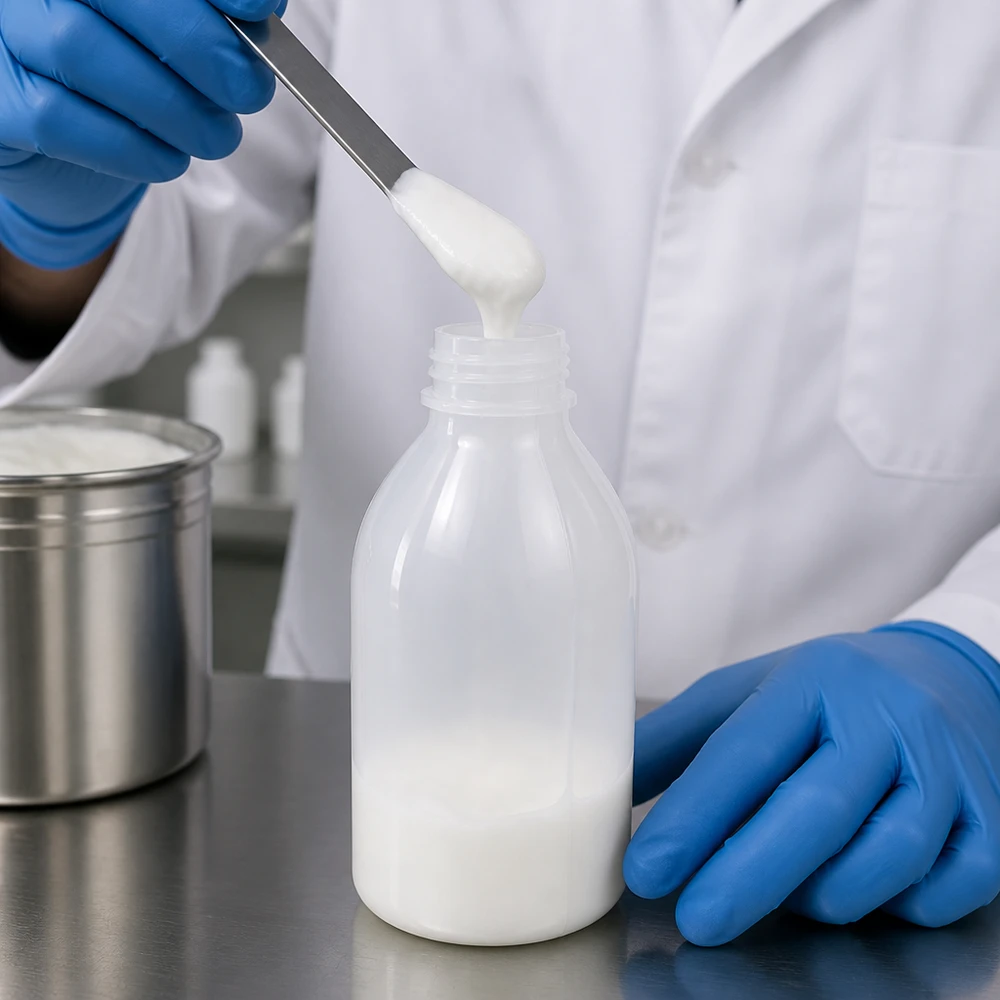 En laboratorieassistent i skyddsutrustning fyller en 250 ml laboratorieflaska med smal hals med vit kräm med hjälp av en spatel