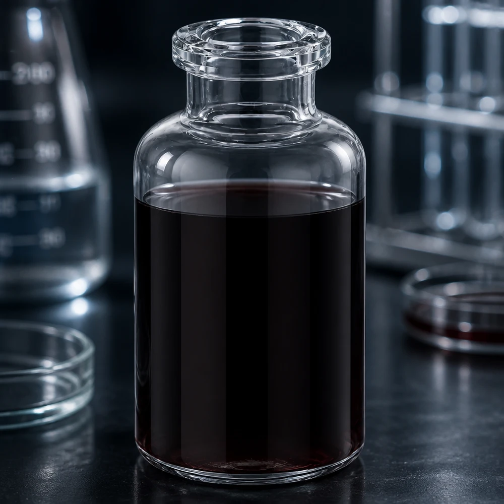 Injektionsflaska klart glas 20ml Medizinische Klarglas Injektionsflasche 20ml mit dunkelbrauner Substanz in professioneller Laborumgebung