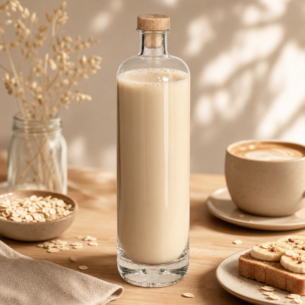 700 ml glasflaska Ella med krämigt innehåll av havremjölk och träkork i en mysig frukostscen med havreflingor