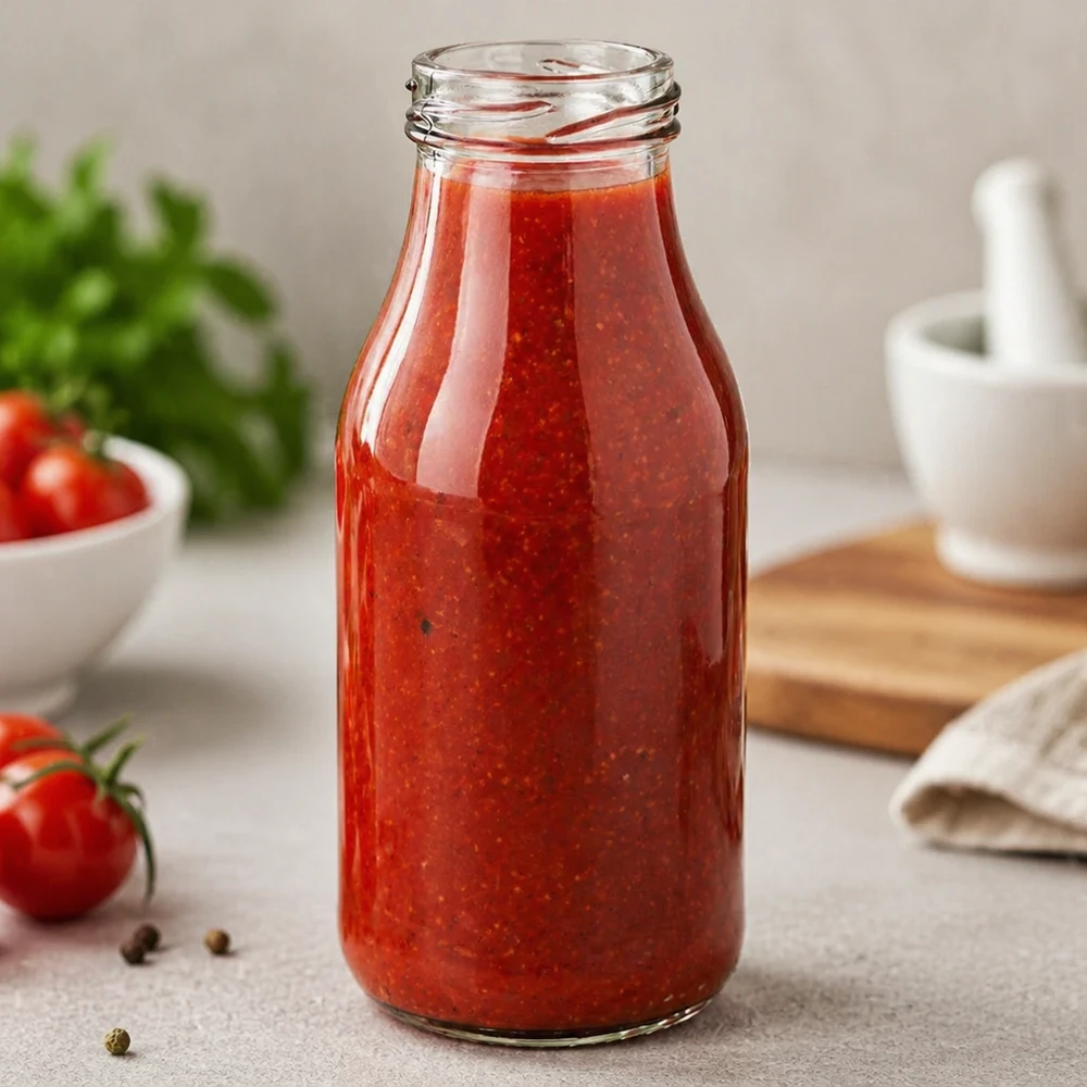 263 ml flaska utan lock (TO43) UNiTWIST Elegante UNiTWIST Glasflasche 263ml mit roter Tomatensauce gefüllt in moderner Küche - perfekt für Saucen und Getränke