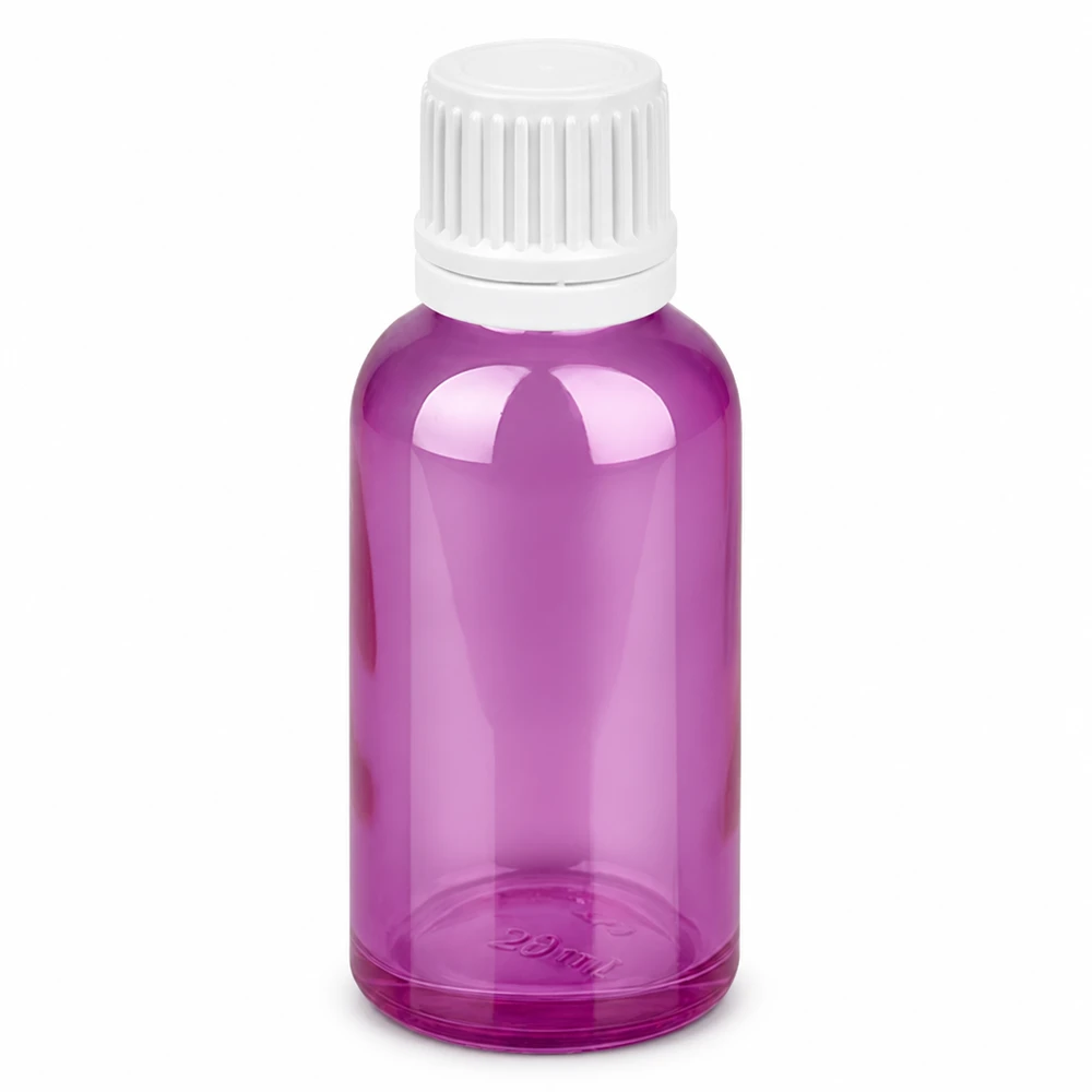 30ml flaska 11mm skruvkork vit Originality skruvkork PurpleLine UT18/30 30 ml glasflaska i violett med vitt skruvlock för eteriska oljor och kosmetika