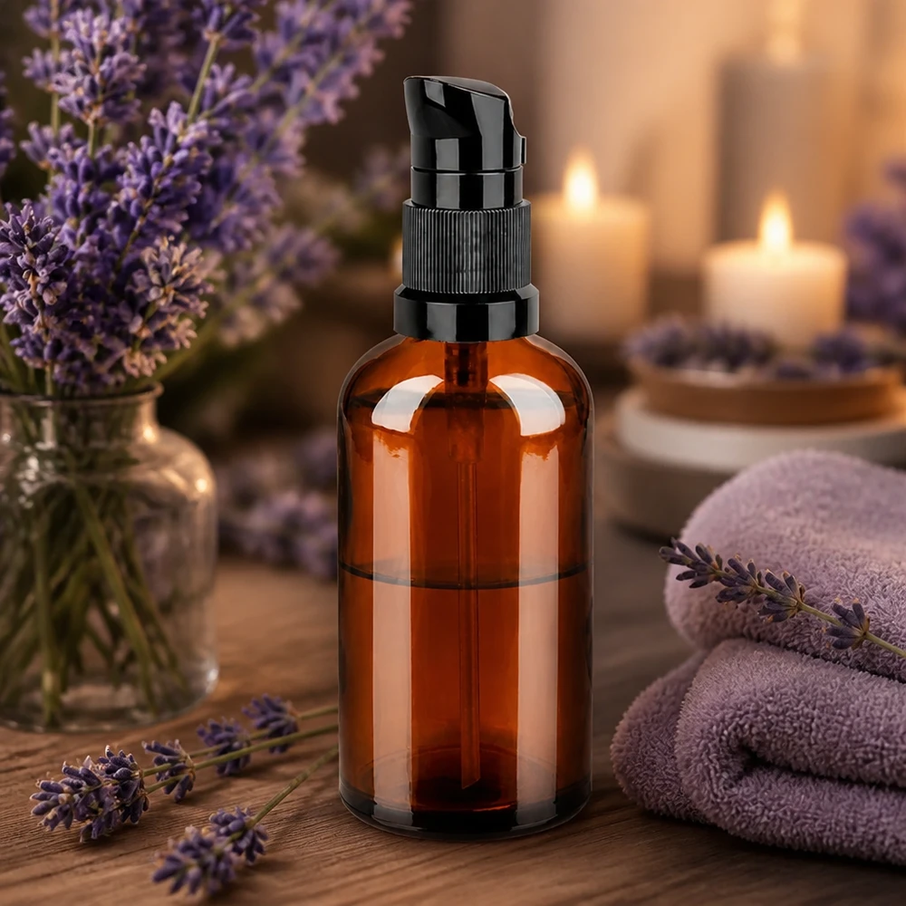 100ml pumpflaska svart standardlock BrownLine UT18/100 Elegant 100 ml pumpflaska i brunt med matt svart pumphuvud för aromaterapitillämpningar