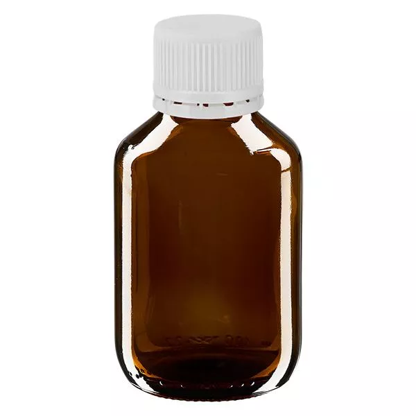 100 ml medicinflaska brun, vitt lock med säkerhetsring ApoGlas 100 ml medicinflaska brun, vitt lock med säkerhetsring ApoGlas