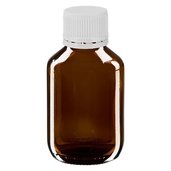 100 ml medicinflaska brun, vitt lock med säkerhetsring ApoGlas 100 ml medicinflaska brun, vitt lock med säkerhetsring ApoGlas