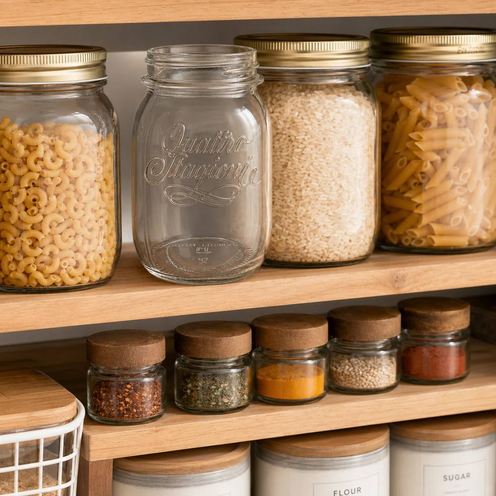 500ml rund burk "Quattro Stagioni" QS70mm Quattro Stagioni 500ml Vorratsglas in organisierter Küchenpantry mit Pasta Reis und Gewürzen für stilvolle Aufbewahrung