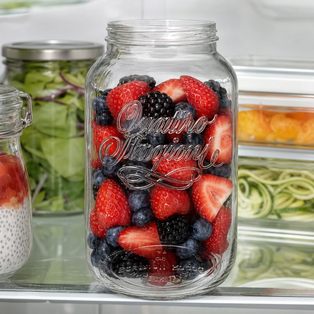 3800ml runt glas "Quattro Stagioni" QS110mm 3800ml Quattro Stagioni hushållsburk fylld med färska bär i kylen som förvaringsbehållare för frukt
