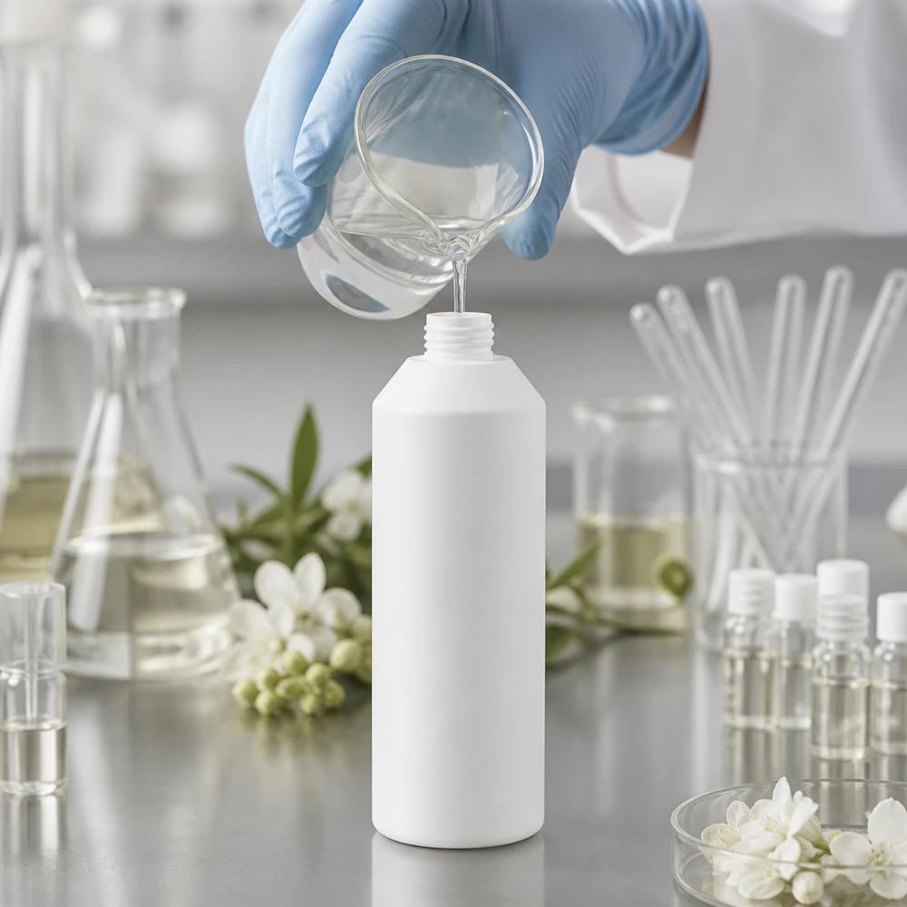 En laboratorietekniker fyller en vit HDPE-apotekflaska på 250 ml med skyddshandskar i renrummet