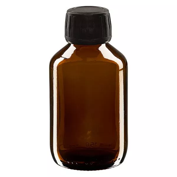 150 ml medicinflaska brun, svart lock med manipuleringssäker ring ApoGlas