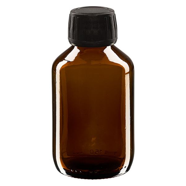 150 ml medicinflaska brun, svart lock med manipuleringssäker ring ApoGlas