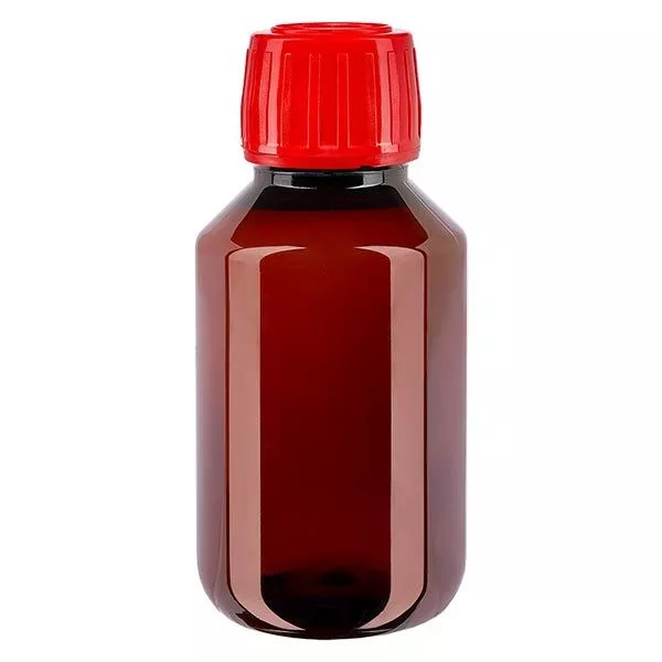 PET-flaska 100ml med rött kapsyl, manipuleringssäkert PET-flaska 100ml med rött kapsyl, manipuleringssäkert