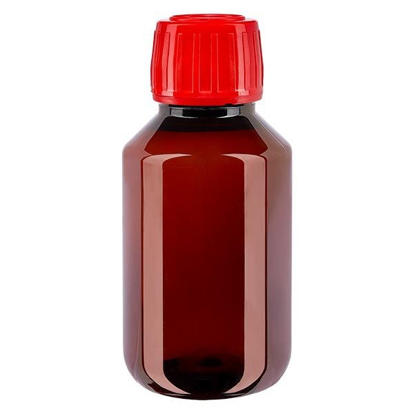 PET-flaska 100ml med rött kapsyl, manipuleringssäkert PET-flaska 100ml med rött kapsyl, manipuleringssäkert