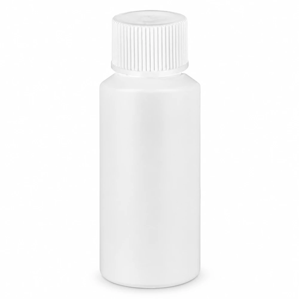 Apoteksflaska HDPE 30ml vit, med vitt skruvlock Apoteksflaska i HDPE, 30 ml, vit, med vitt skruvlock för farmaceutiska tillämpningar