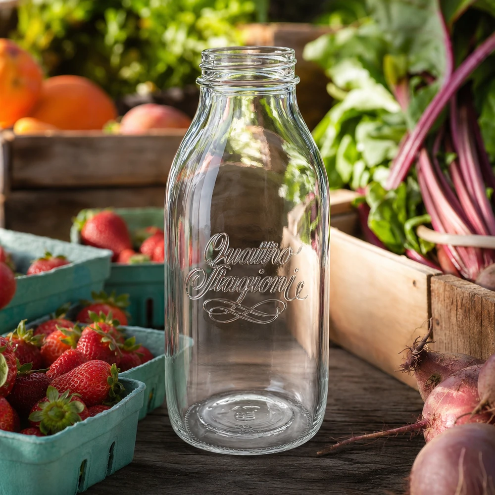 1000 ml glasflaska "Quattro Stagioni" QS56mm Quattro Stagioni 1000 ml glasflaska med vid mynning på ett träbord med färska jordgubbar och grönsaker i bakgrunden