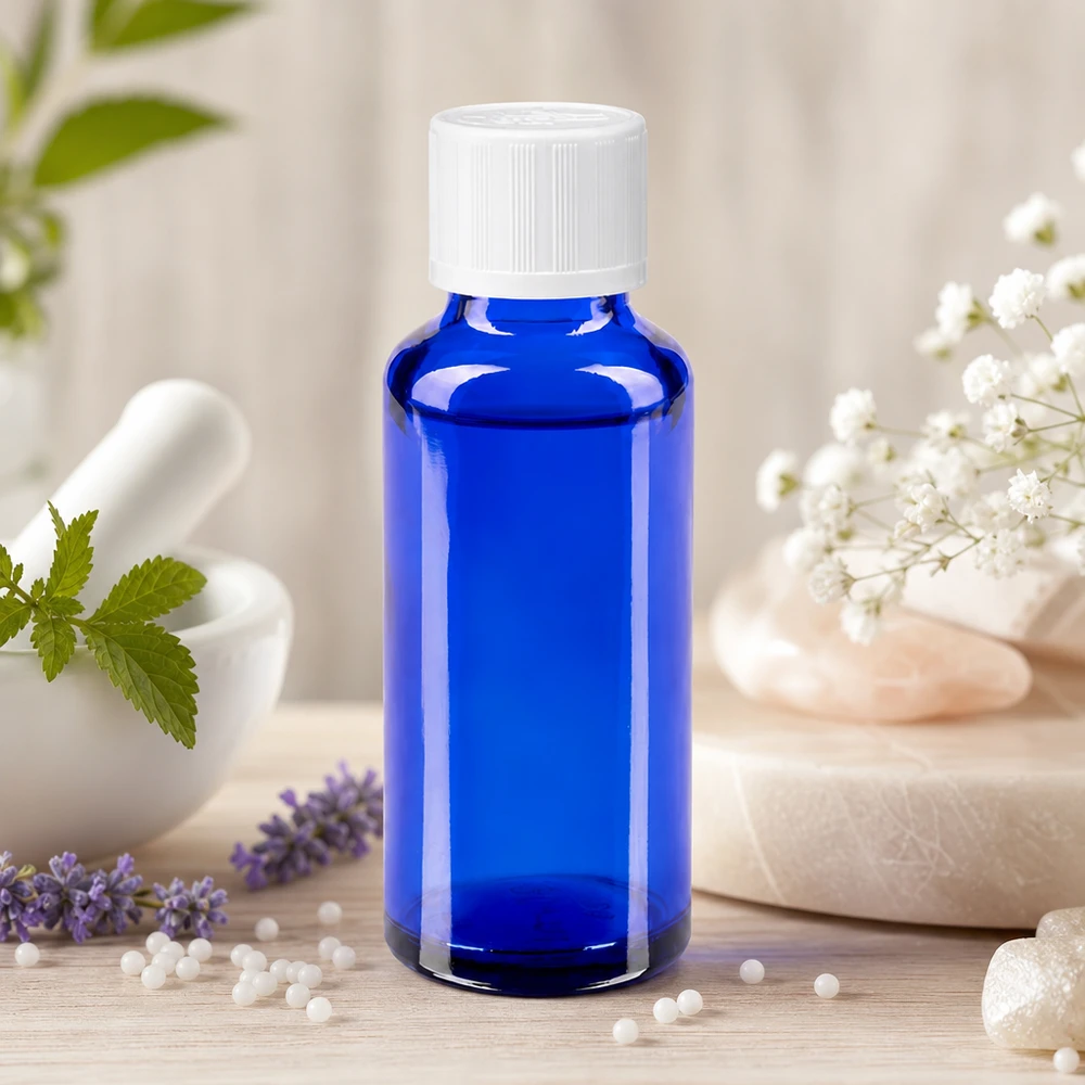 Liten 30 ml flaska i blått glas med vitt skruvlock, med motiv av lavendel och medicinalväxter
