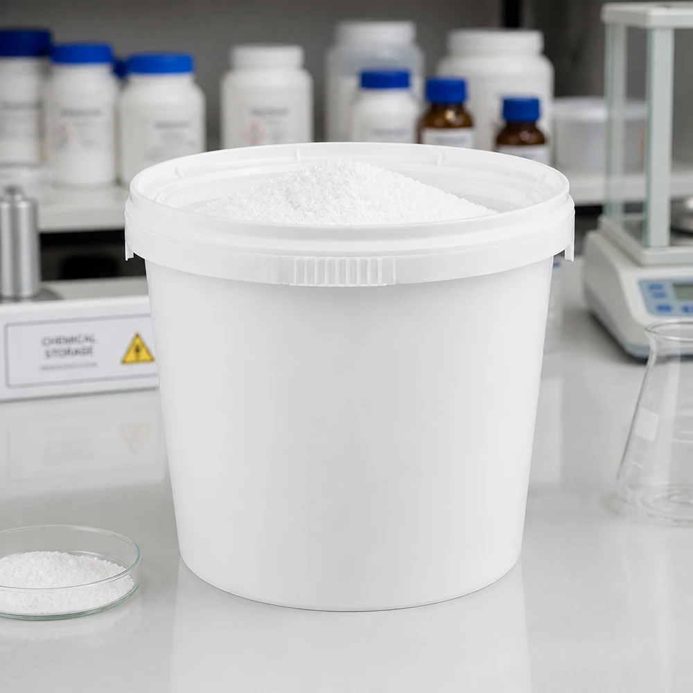 Laboratoriemiljö med en vit PP-hink på 1 liter med lock och vitt pulver på en analysvåg