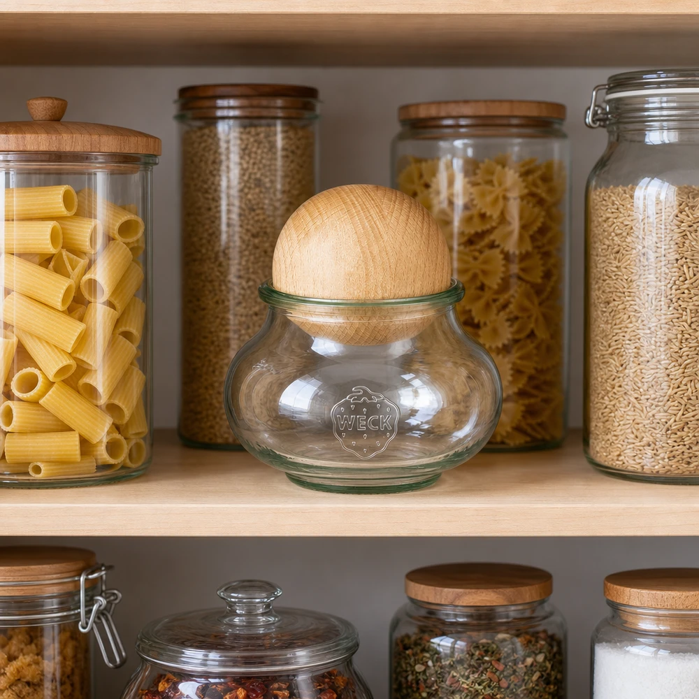 WECK burk 560ml RR80 bok kullock i skafferi med pasta ris linser organiserad köksförvaring