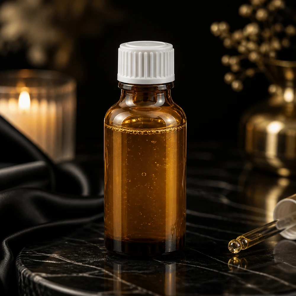 Apoteksflaska brun 20ml droppflaska vit 0,8mm standard Brun glasflaska på 20 ml med vitt barnsäkert lock på svart marmor