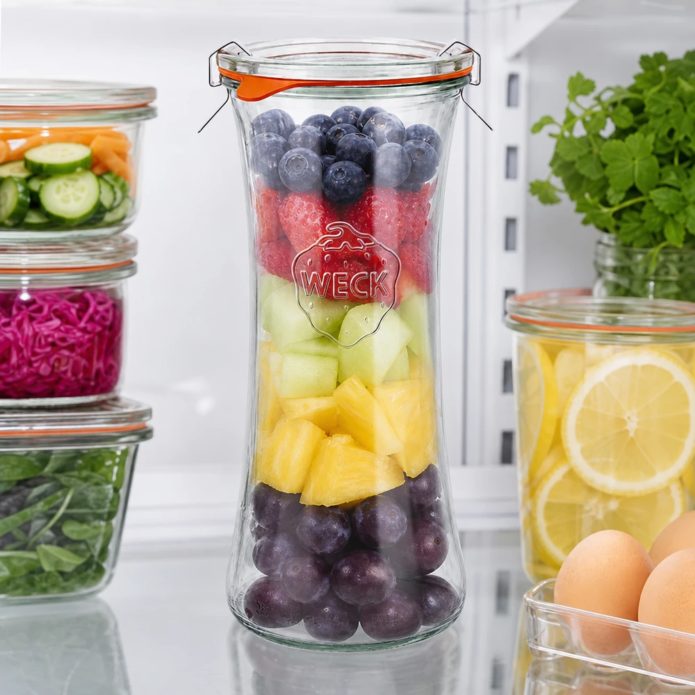 WECK delikatessburk 700 ml RR80 fylld med färgglad fruktsallad, konserveringsburk med svängbar topp för färsk frukt