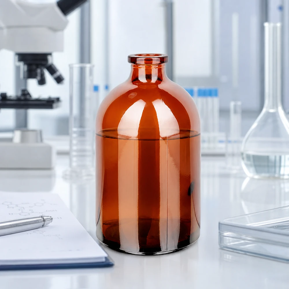 Injektionsflaska av bärnstensfärgat glas 100ml Lichtgeschützte Injektionsflasche 100ml aus Braunglas mit transparentem Trichter und Petrischale
