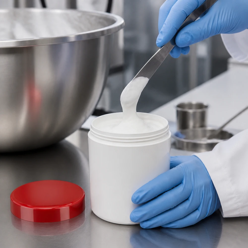 Salvburk 100g vit med rött skruvlock (polypropylen) Salvburk 100 g, vit PP-plast med rött skruvlock för farmaceutisk fyllning