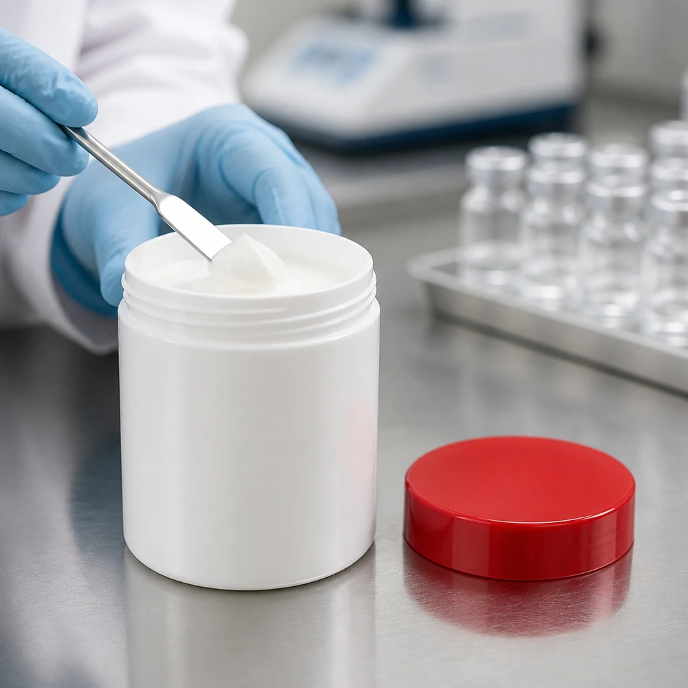 Laboratorieteknikern tar ut salva ur en vit 75 g PP-burk med rött lock