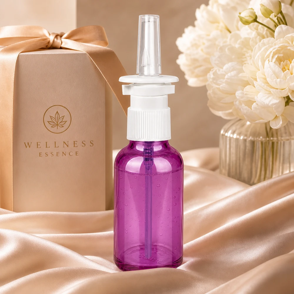 30 ml nässprayflaska vit/transparent standard PurpleLine. UT18/30 Högkvalitativ 30 ml nässprayflaska med UT18/30-gänga i snyggt lila för professionell dosering