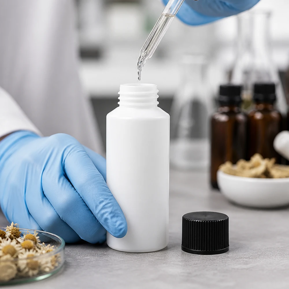 Vit HDPE-apotekflaska på 30 ml med svart skruvlock i laboratoriet
