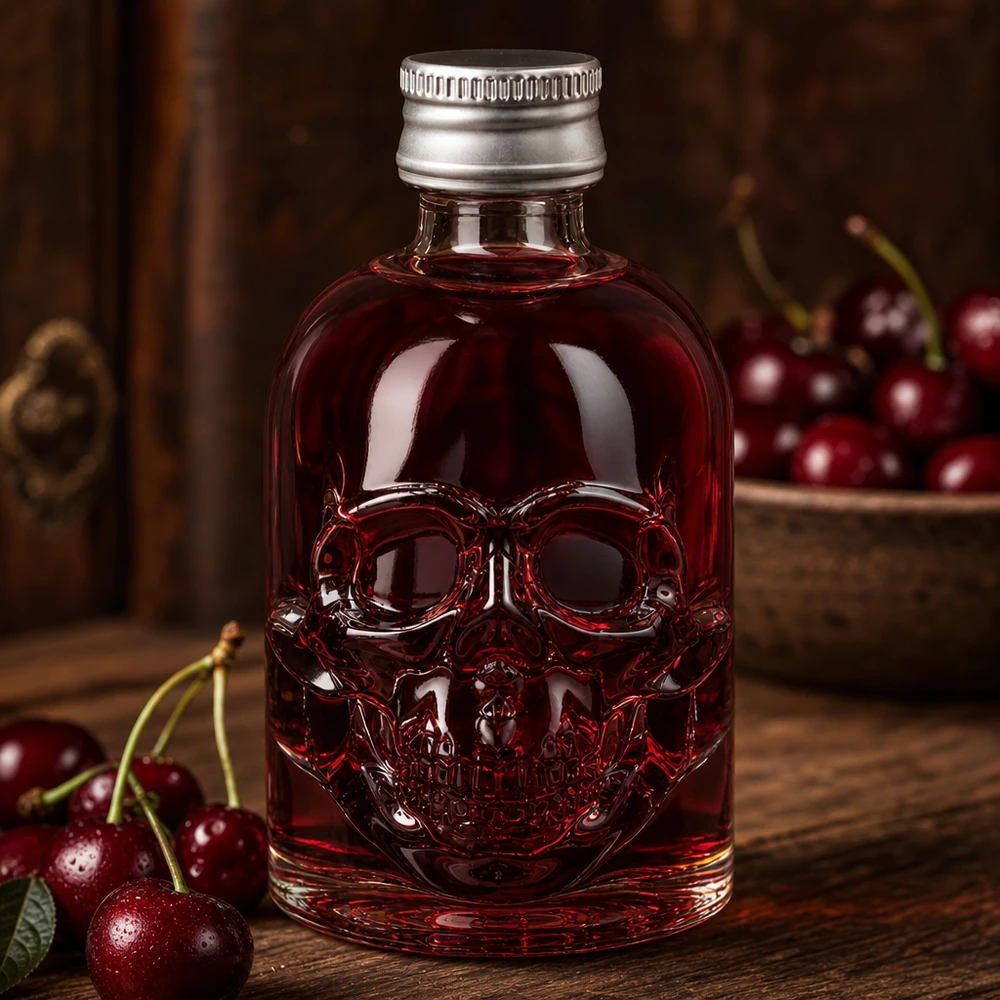 50 ml glasflaska Hector och skruvkork silver UNiTWIST® 50 ml Hector-glasflaska med röd körsbärsvätska och silverlock mellan färska körsbär på ett träbord