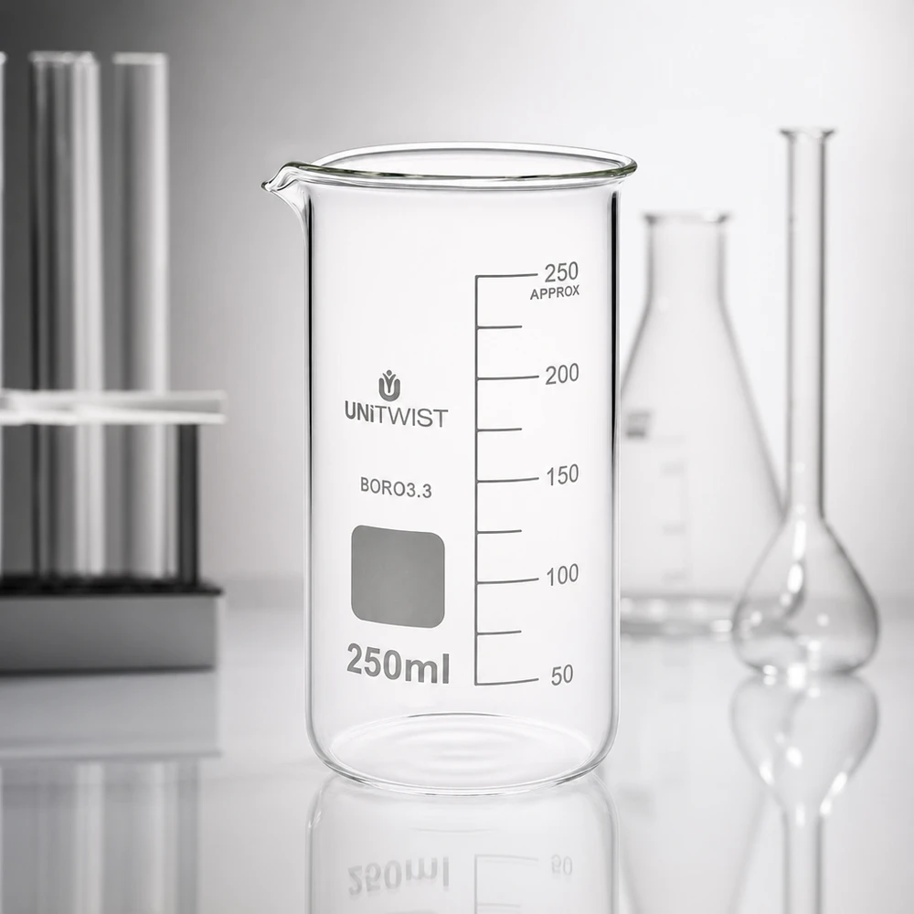 UNITWIST mätbägare 250 ml, hög modell, borosilikatglas med måttskala bredvid en Erlenmeyerkolv i laboratoriet