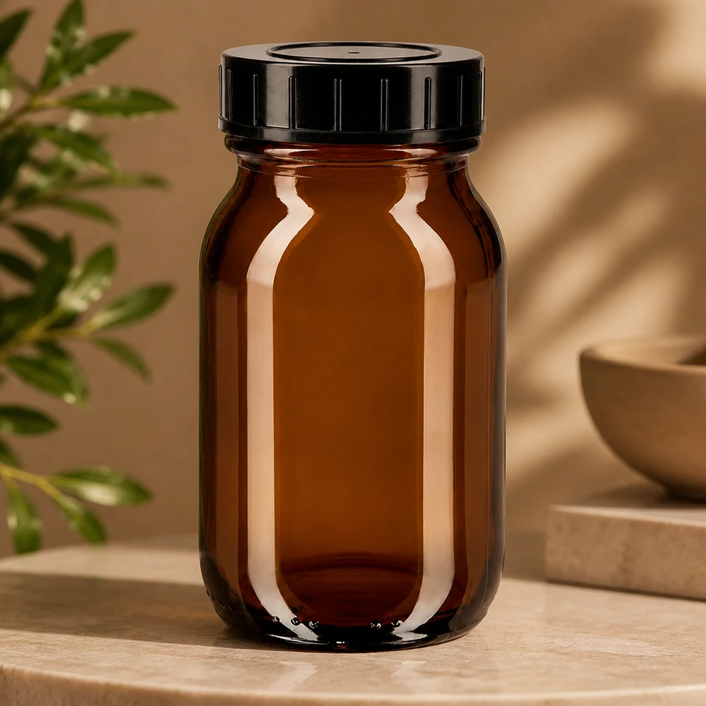 100 ml apoteksflaska av UV-skyddande bärnstensfärgat glas med tättslutande svart lock