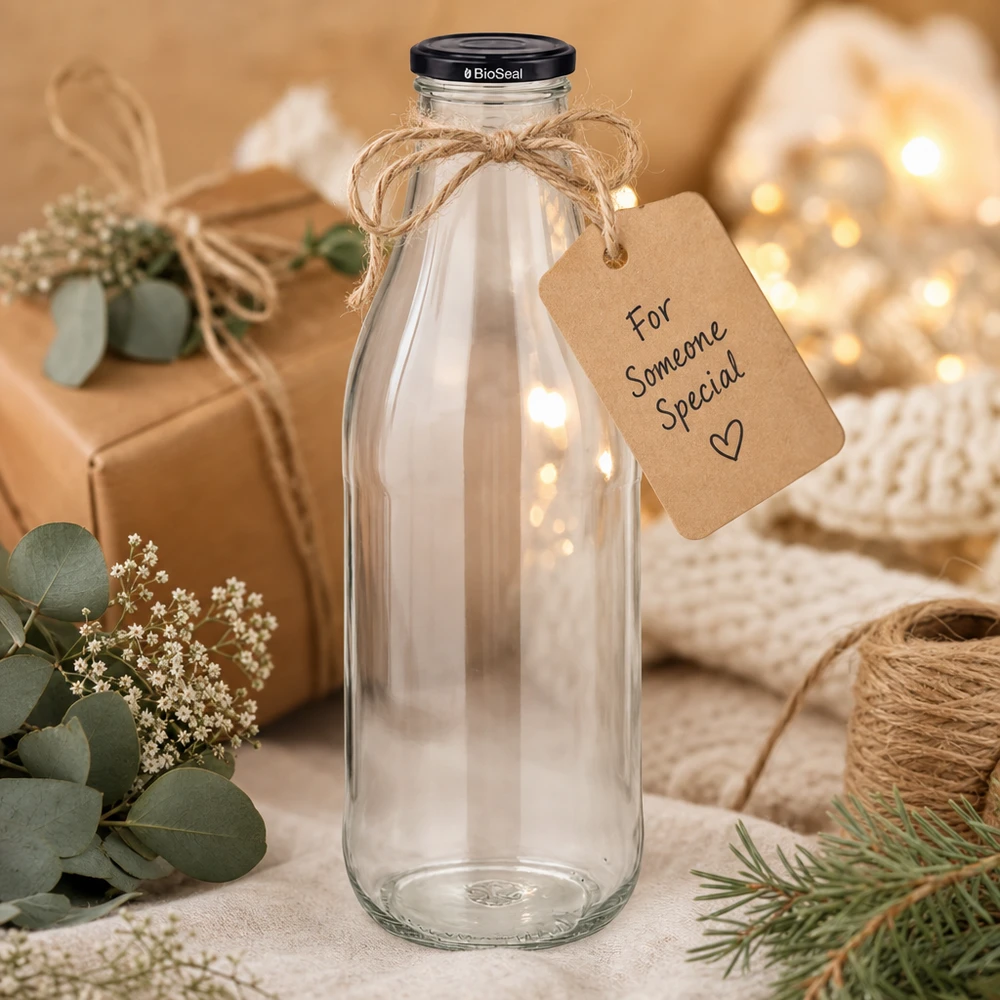 1000 ml glasflaska + BioSeal-lock svart UNiTWIST 1000 ml glasflaska med svart lock presentförpackning jutesnöre hängande dekoration hållbar miljövänlig