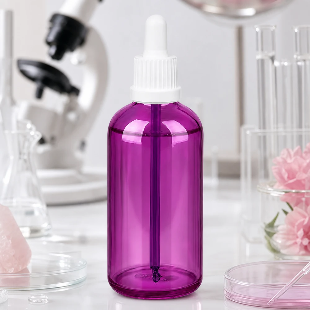 100ml pipettflaska vit Originality skruvkork PurpleLine UT18/100 Transparent lila droppflaska 100 ml med vitt lock för exakt applicering av vätskor