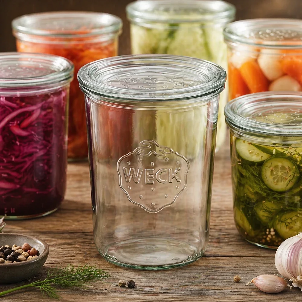 850 ml burk med glaslock WECK RR100 WECK Sturzglas 850ml RR100 mit eingelegtem Gemüse und Gewürzen zeigt Einmachen und Fermentieren im Haushalt