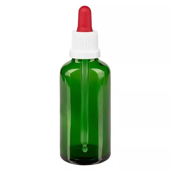 Apoteksflaska grön 50 ml pipett vit/röd med säkerhetsförslutning Apoteksflaska grön 50 ml pipett vit/röd med säkerhetsförslutning