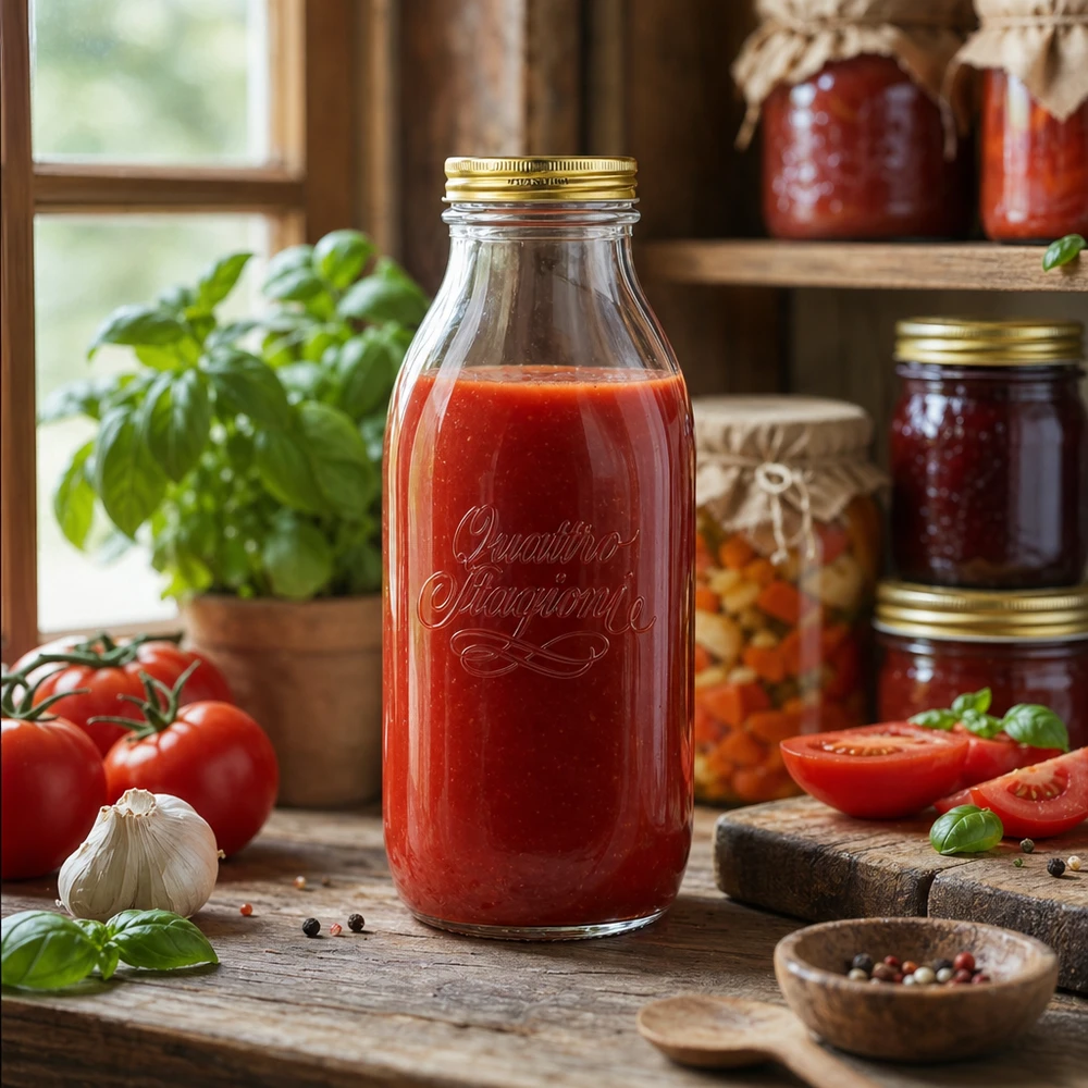 1000ml glasflaska "Quattro Stagioni" med lock Quattro Stagioni 1000 ml glasflaska fylld med tomatsås i rustikt kök med färska tomater och örter