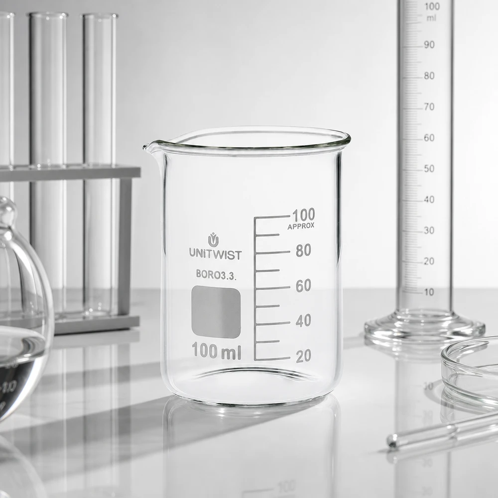 Bägare 100ml borosilikat, lågformad UNiTWIST Tomt bägarglas, 100 ml, borosilikatglas 3.3, låg profil, med milliliterskala, för laboratoriemiljö