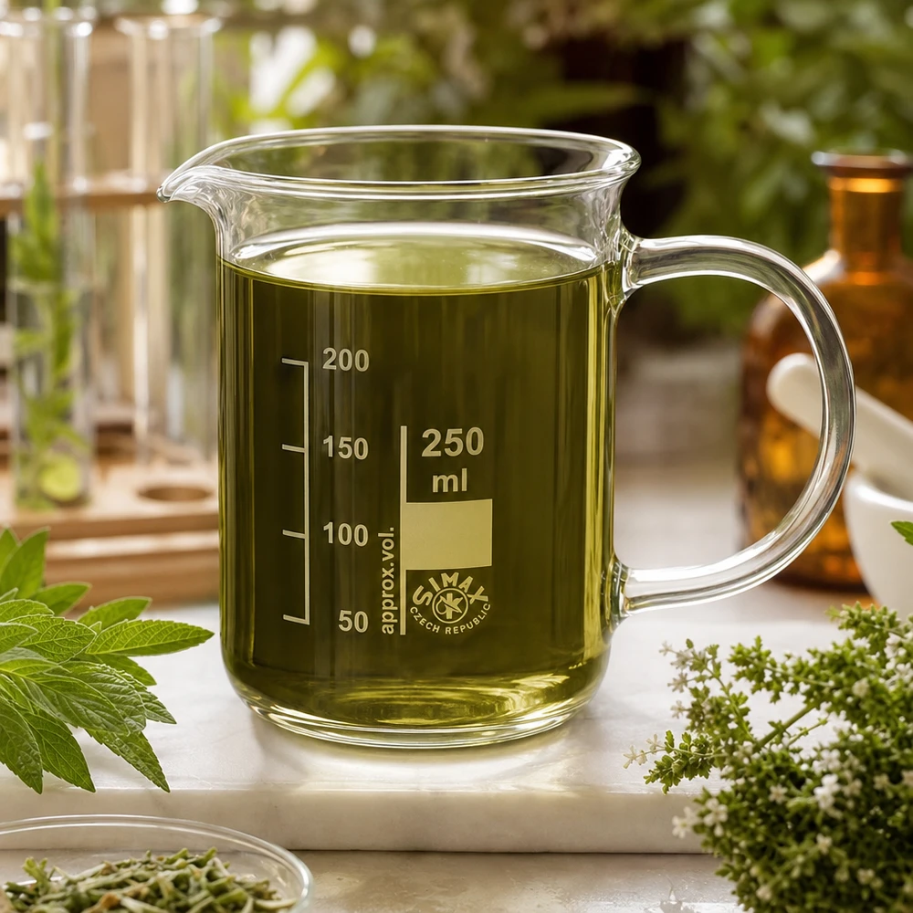 Ett 250 ml-glas med handtag, fyllt med grönt örtextrakt och färska medicinalväxter
