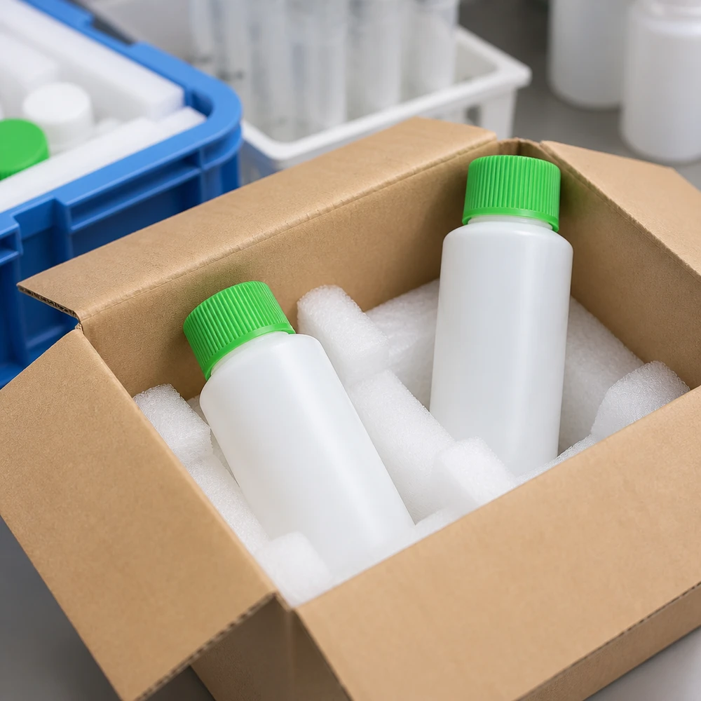 Två vita HDPE-apotekflaskor à 30 ml med gröna skruvlock i skumplastförpackning