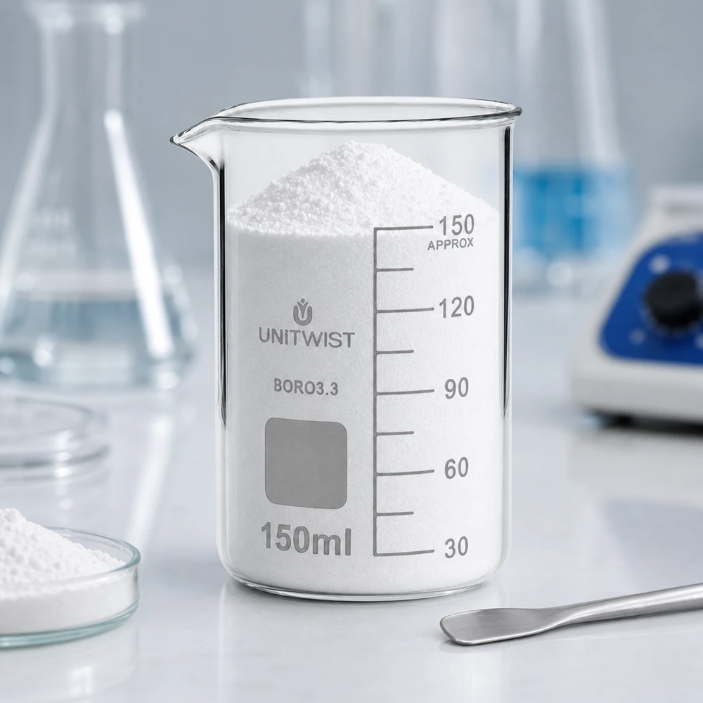 Bägare 150ml borosilikat, hög form UNiTWIST UNITWIST bägare, 150 ml, hög modell, borosilikatglas, fylld med vitt pulver på ett laboratoriebord