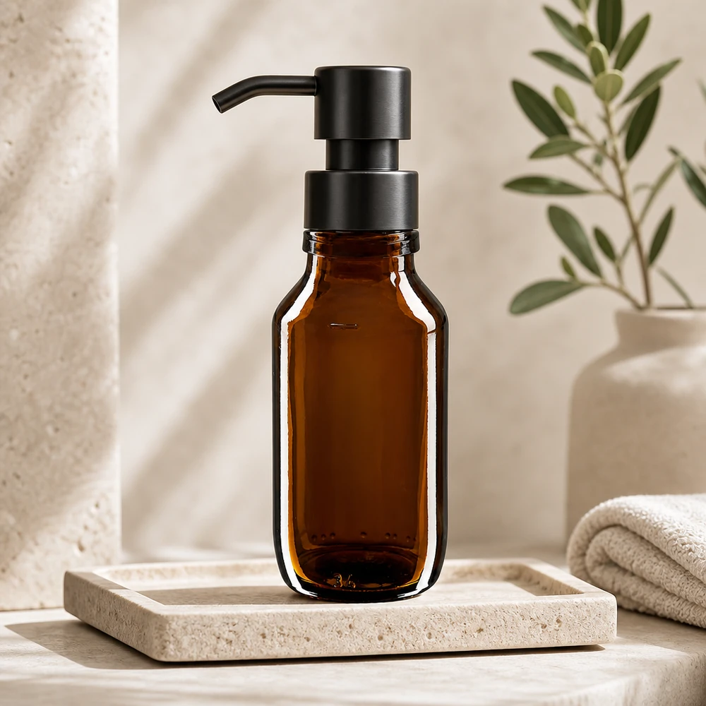 50ml medicinflaska brun, utan lock PP28 ApoGlas Brun glasflaska 50ml med svart pumpdispenser för kosmetika och hudvård ApoGlas PP28