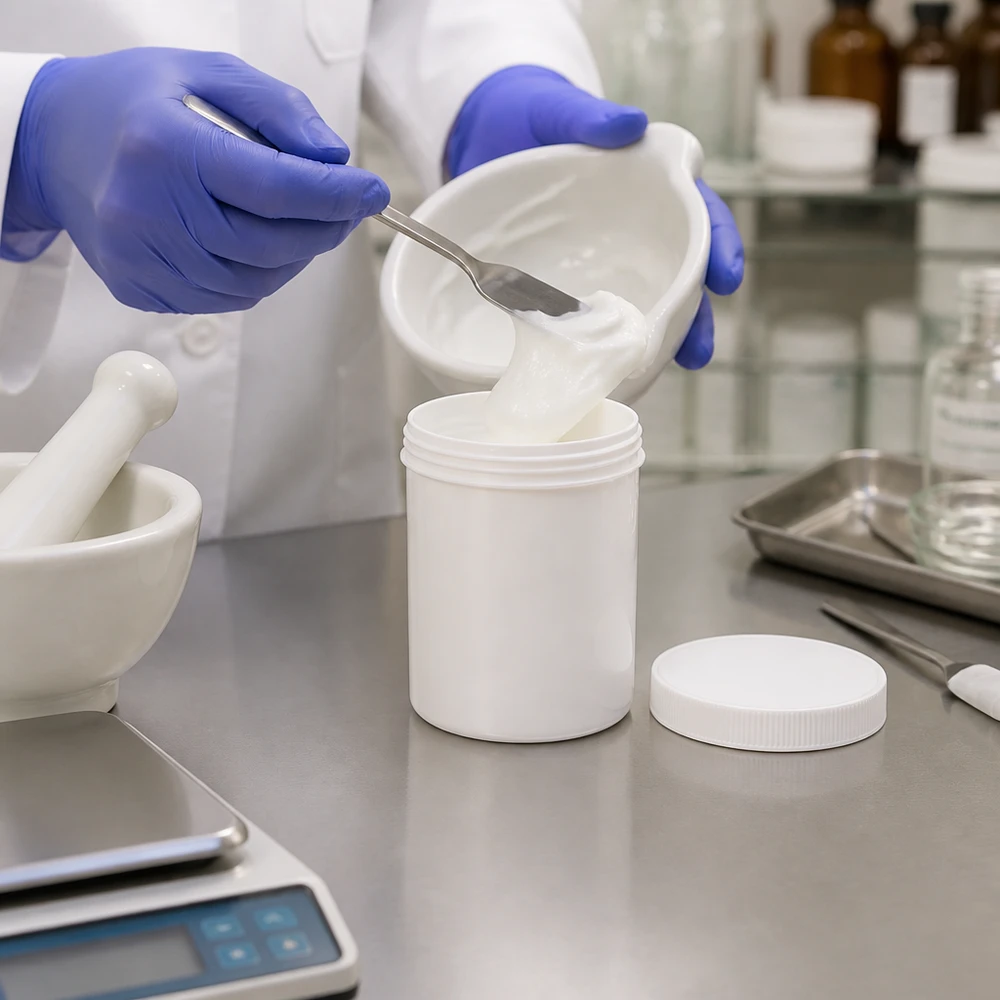 Apotekare fyller en vit 75 g-salvburk av PP med en metallspatel i ett farmaceutiskt laboratorium