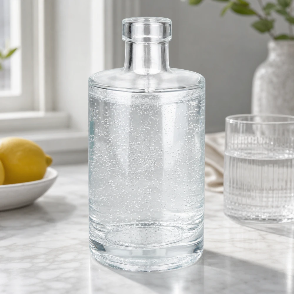 350 ml glasflaska Marie utan lock UNiTWIST® 350ml Glasflasche Marie mit Sprudelwasser gefüllt neben Zitrone und Glas stilvolle Tischszene Bild 9 von 10