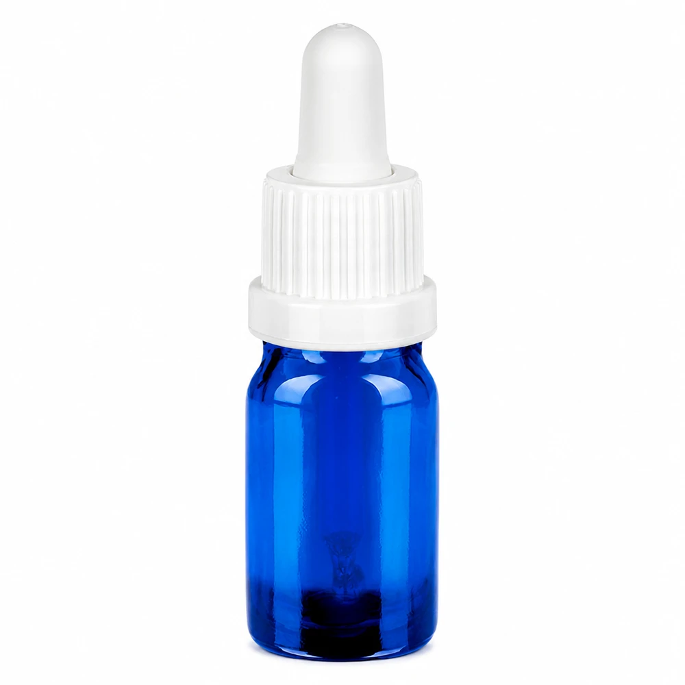 5 ml pipettflaska vit med säkerhetsförslutning BlueLine UT18/5 5 ml pipettflaska av blått glas med vitt lock och pipett för exakt dosering