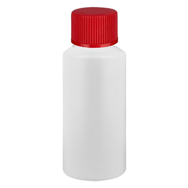 Apoteksflaska HDPE 30ml vit, med rött skruvlock Apoteksflaska HDPE 30ml vit, med rött skruvlock