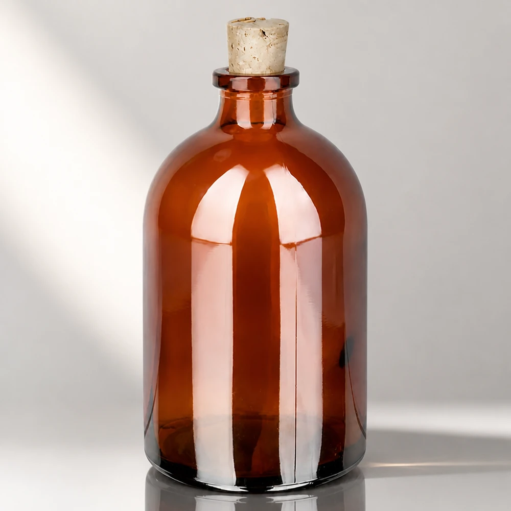 Bärnstensfärgad glasflaska 100ml med kork 11/14mm Klassische Medizinflasche 100ml in Braunglas mit zylindrischem Korpus und Naturkorken 11/14mm